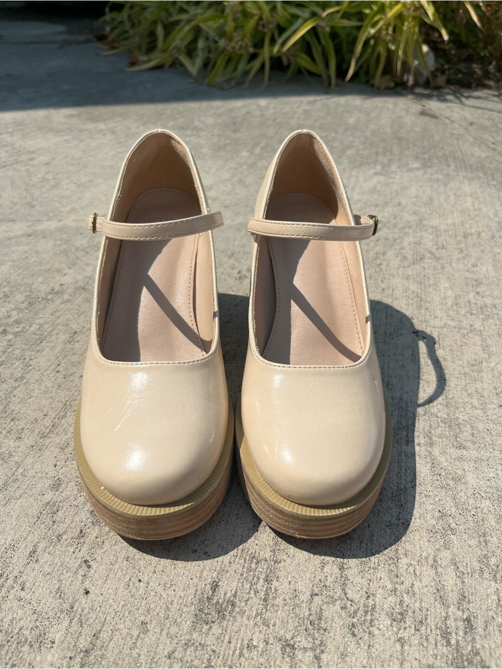 Patent Cream Platform Mary Jane Heels with Ankle Strap